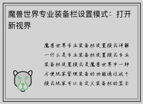 魔兽世界专业装备栏设置模式：打开新视界